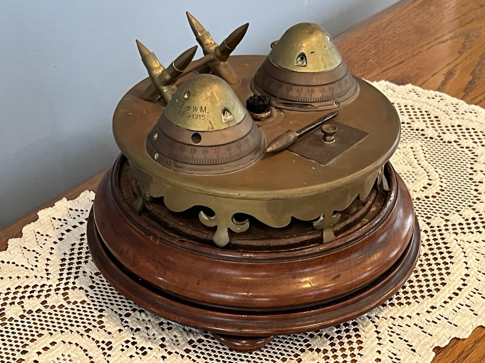 Antique WWI German Trench Art Desk Set Artillery Shell Fuse Ink Wells/Pen Holder