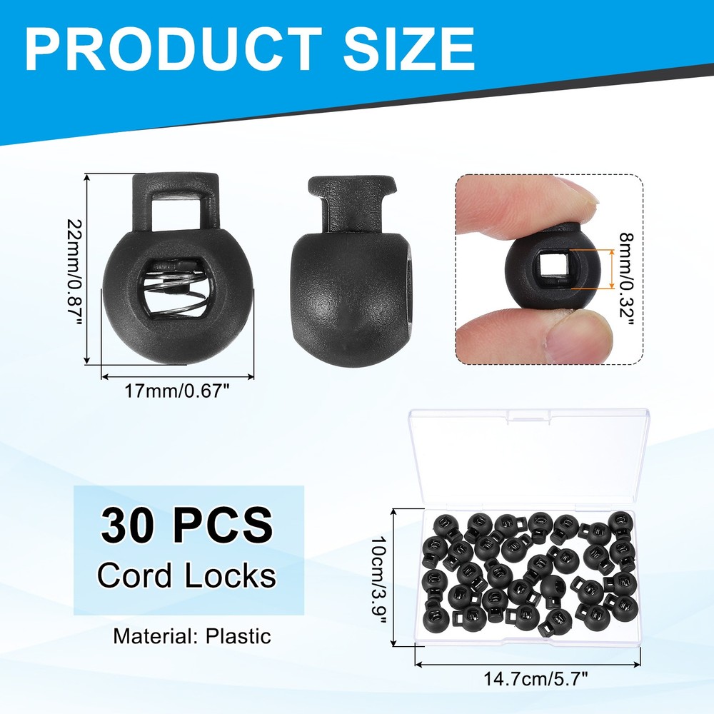 30Pcs Round Cord Lock Single Hole Spring Loaded Toggle Stoppers with Box Black