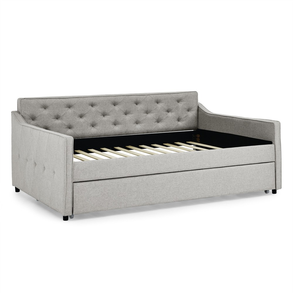 Full Size Daybed with Pull Out Trundle Bed Linen Upholstered Bed Frame Sofa Bed