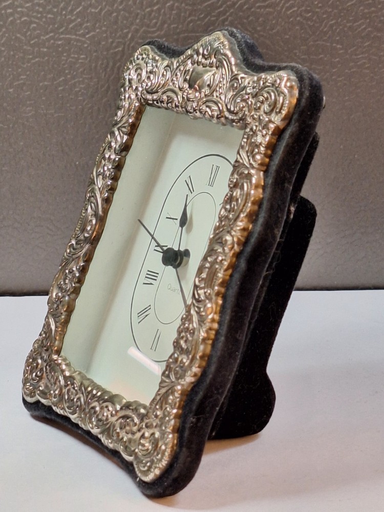 Vtg Silver Framed Quartz Clock Scrolled Design Tabletop