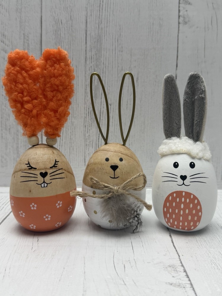 Wood Easter Bunny Egg Figurines Set Spring Table Shelf Decor