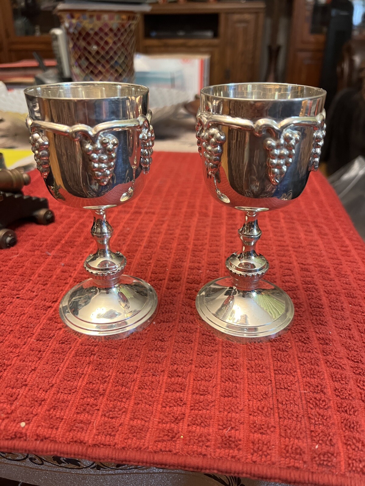 Vintage Set Of 2 Italian Grape Harvest Silver Plated Champagne / Wine Goblets
