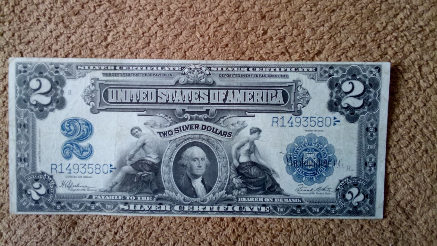 1899 $2 TWO DOLLAR SILVER CERTIFICATE BANKNOTE (NICKNAME OF MINI PORTHOLE), VF++