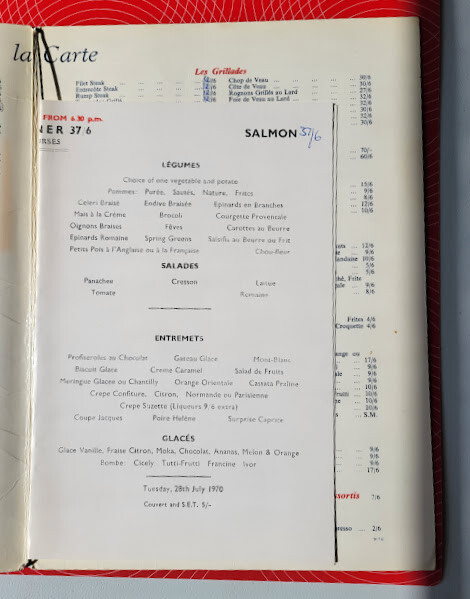 July 1970 Caprice Menu Canada Original Vintage