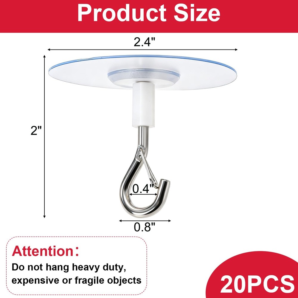 20 Pack Adhesive Ceiling Hook, No Drill Ceiling Hanging Hook with Safety Clas...