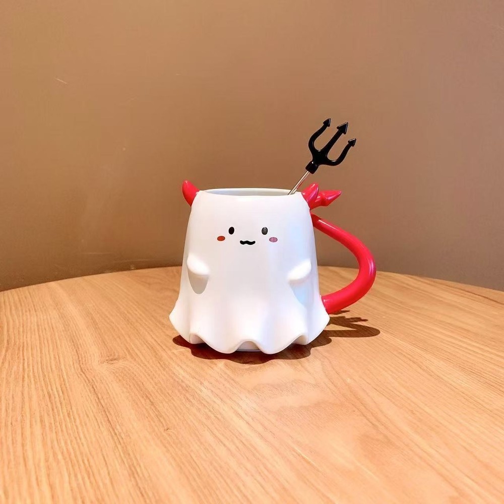Halloween Ghost-Shaped Ceramic Mug with Devil Horns & Trident Stirrer Starbucks