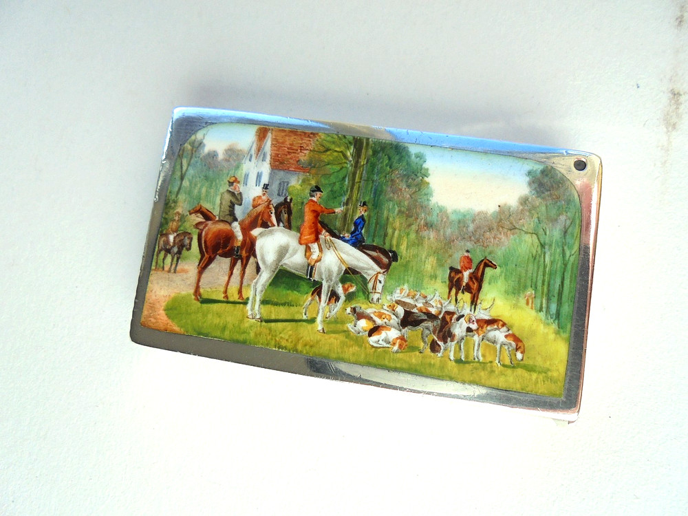 Silver & Enamel Vesta Case Fox Hunting Scene 1899