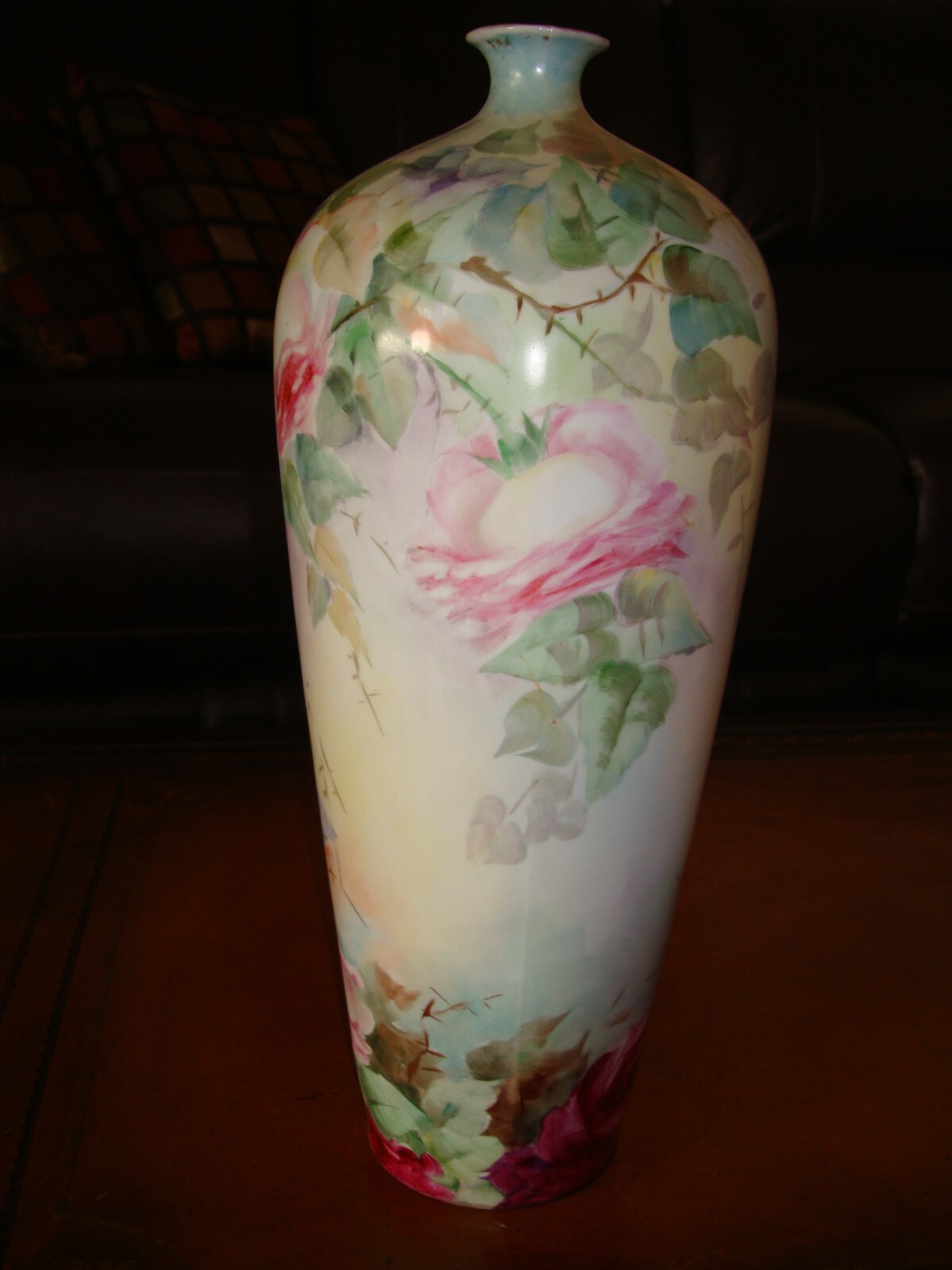 ANTIQUE HOHENZOLLERN GERMANY LARGE 14" HAND PAINTED PORCELAIN VASE, PINK ROSES