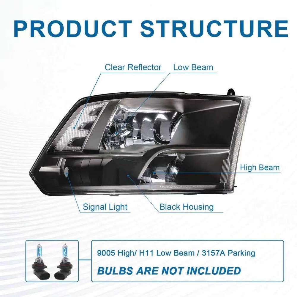 Fullux Headlights for Dodge Basic Version, Black Housing + Clear Reflector