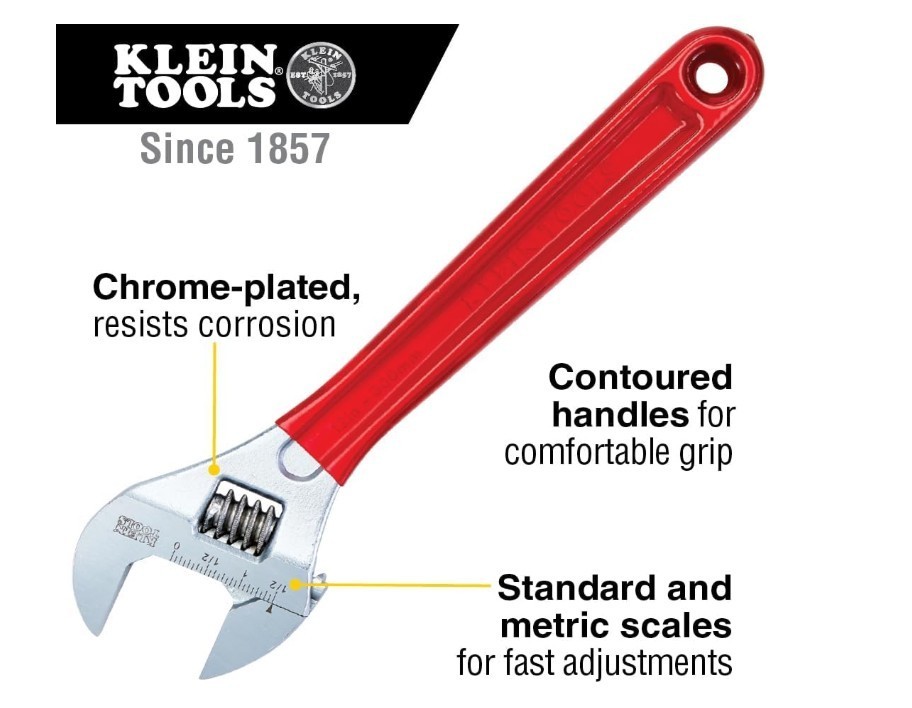 Klein Tools D507-12 12" Adjustable Wrench Extra Capacity Heavy Duty Alloy Steel