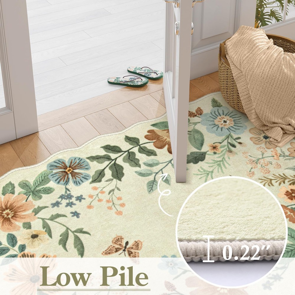 Lahome Floral Entryway Rug, 2x4 Washable Kitchen 2' x 4'（Rectangular）, Beige