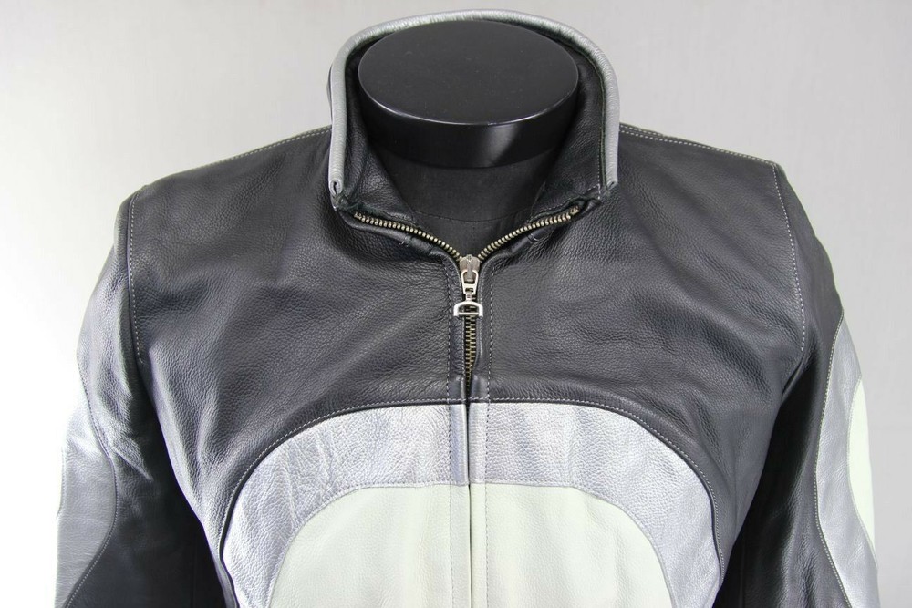 SUPERB CORNER BLACK, GREY & SILVER LEATHER BIKER JACKET 38 INCH
