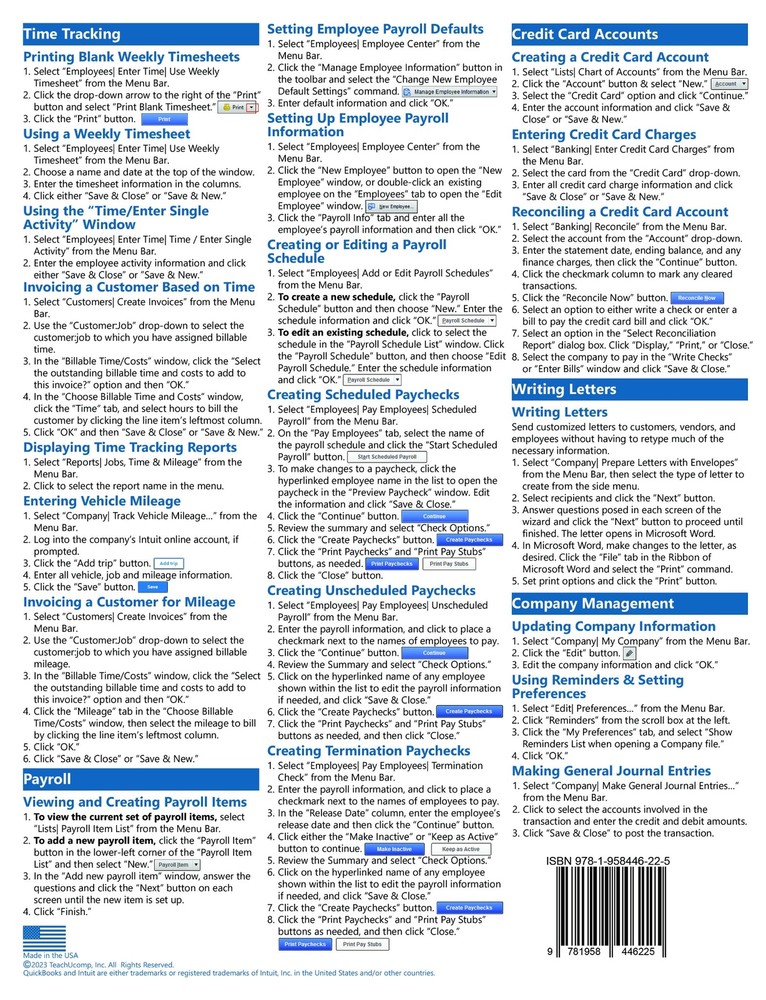 QuickBooks Pro 2024 Training Guide Quick Reference Card 4 Page Cheat Sheet