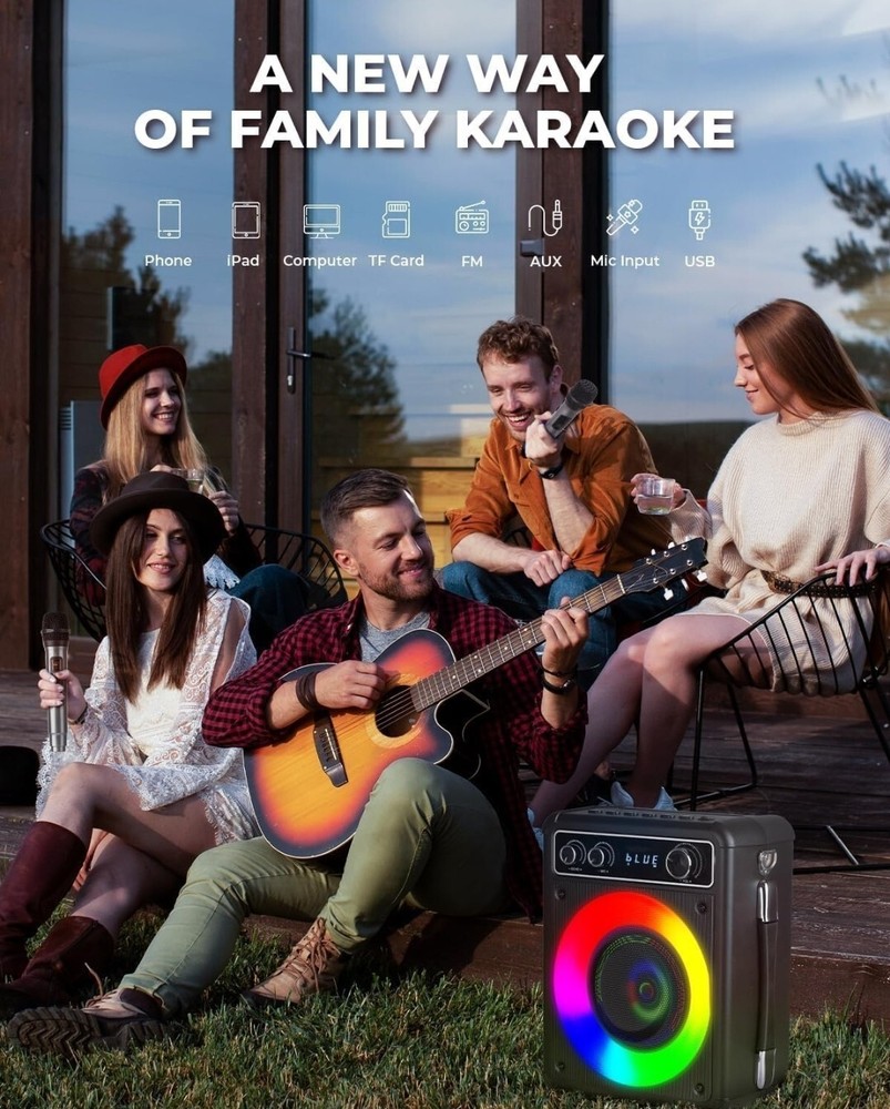 Karaoke Machine, Portable Bluetooth 2 Wireless Microphones, 5.1 Speaker Light..