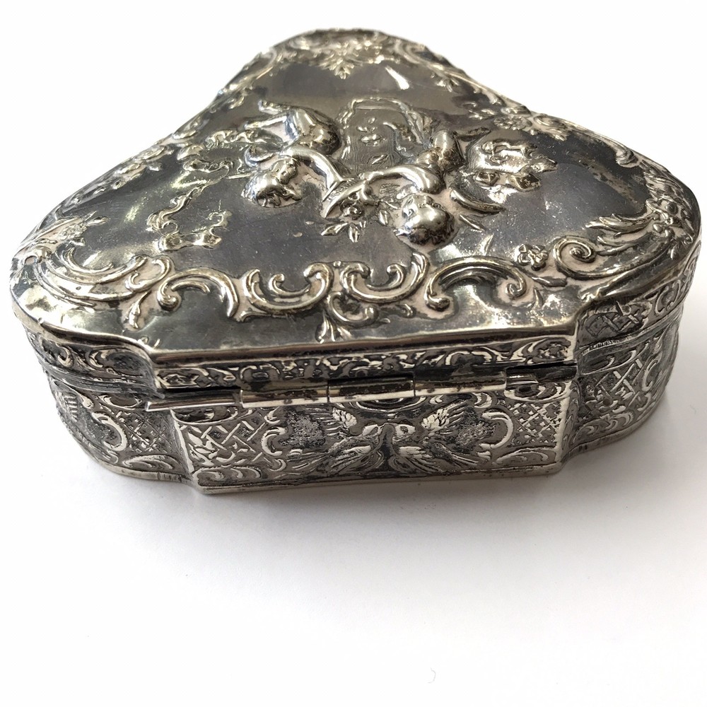 Antique Solid Silver Trinket Box Embossed Cherub Design Berthold Muller 1902