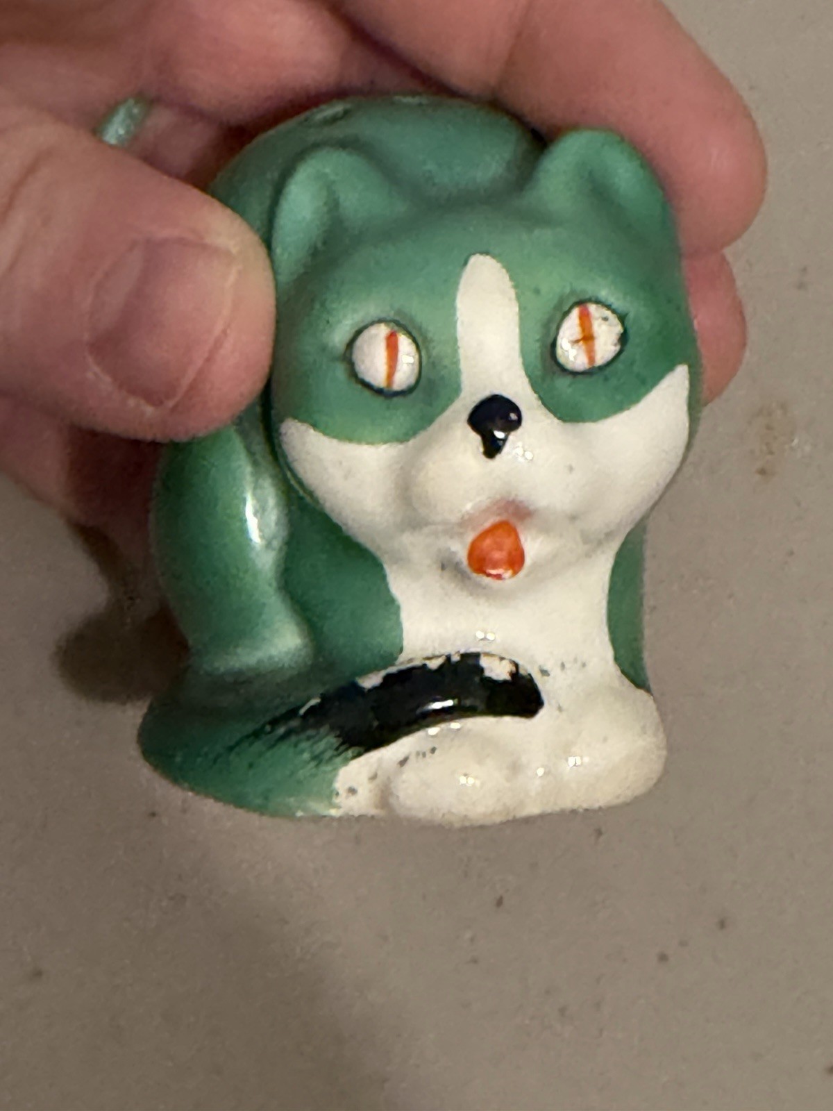 Antique Germany Bisque Green Cat And Orange Dog Salt & Pepper Shakers