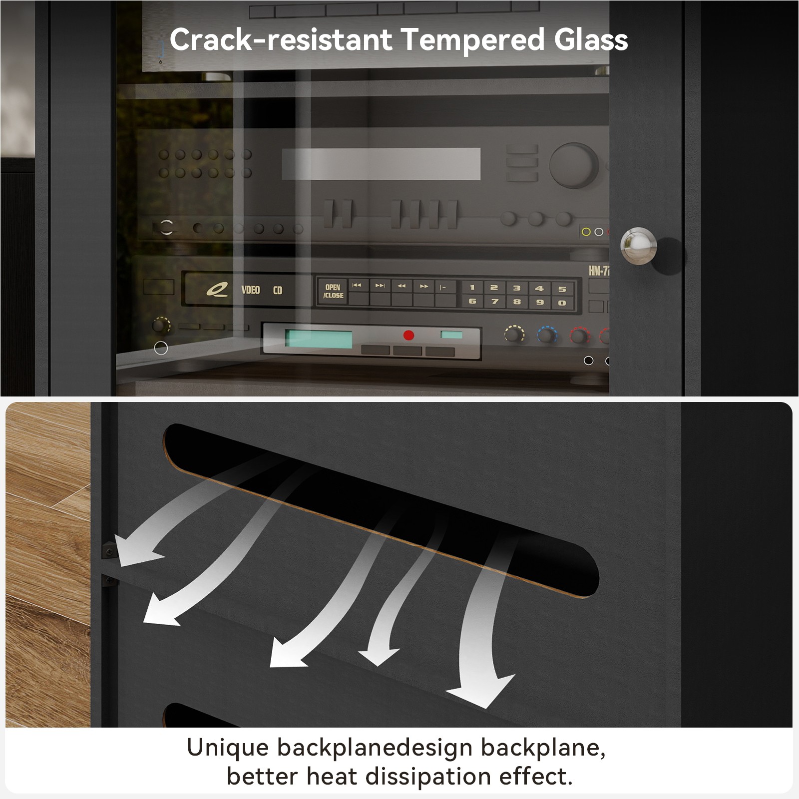 5-Tier Media Cabinet with LED Lights, Tempered Glass Door, Black AV Stand