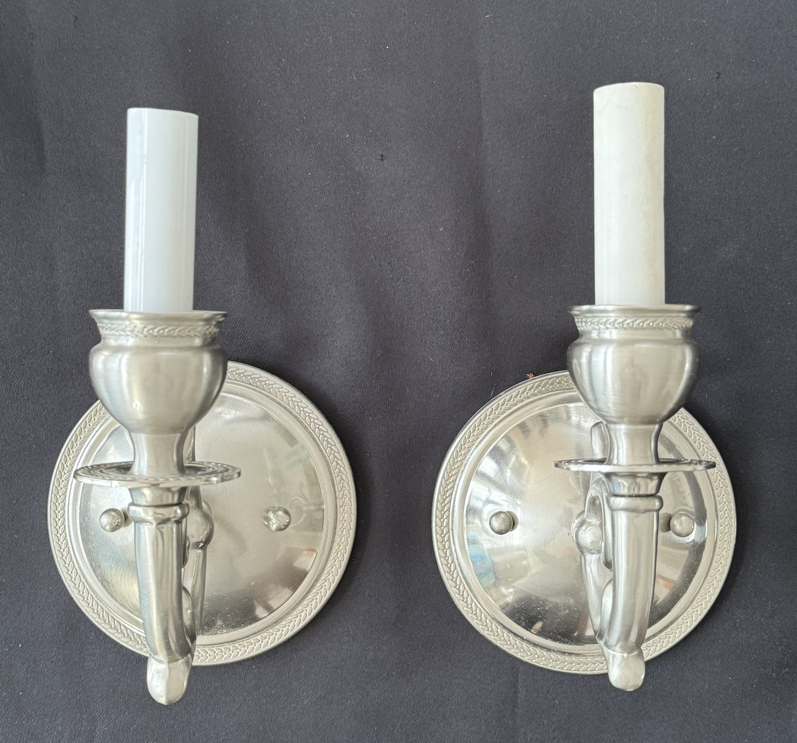 Vintage Pair Stately Pewter Silver Single Arm Wall Sconce Sconces Engraved