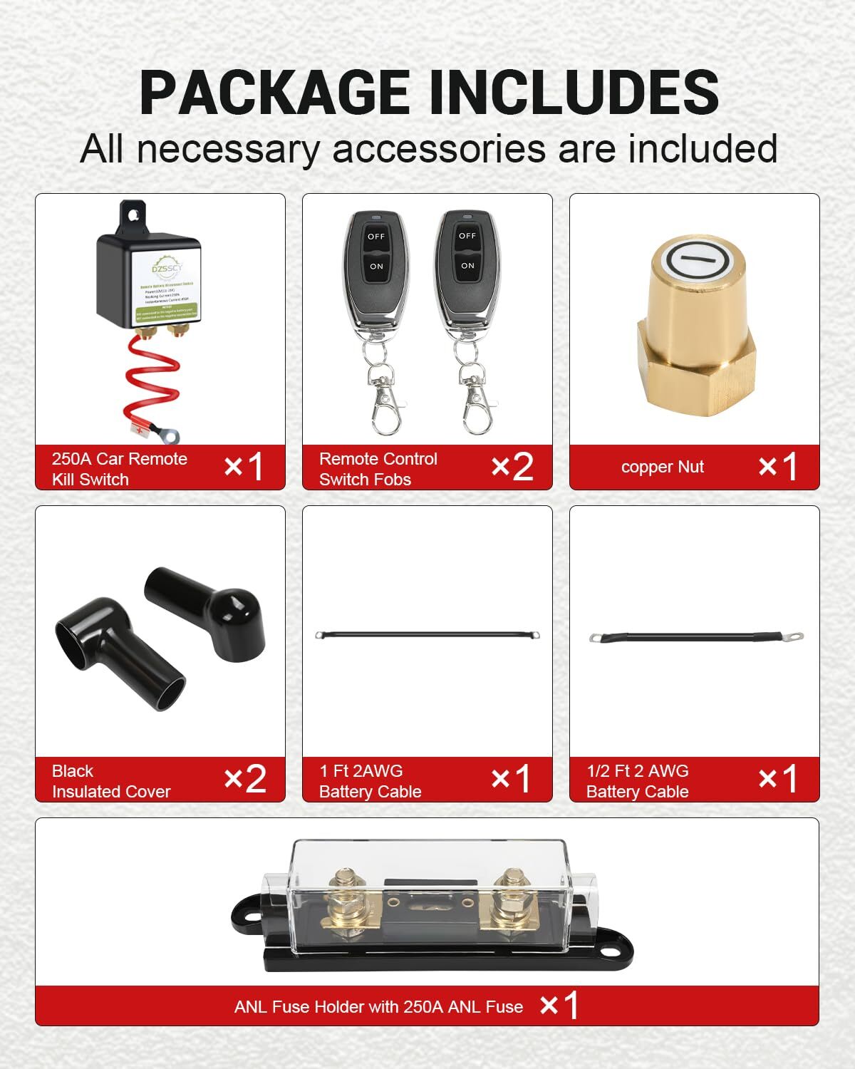 Remote Battery Disconnect Switch 12v, 250A, with 250A Fuse/Long Negative Wire