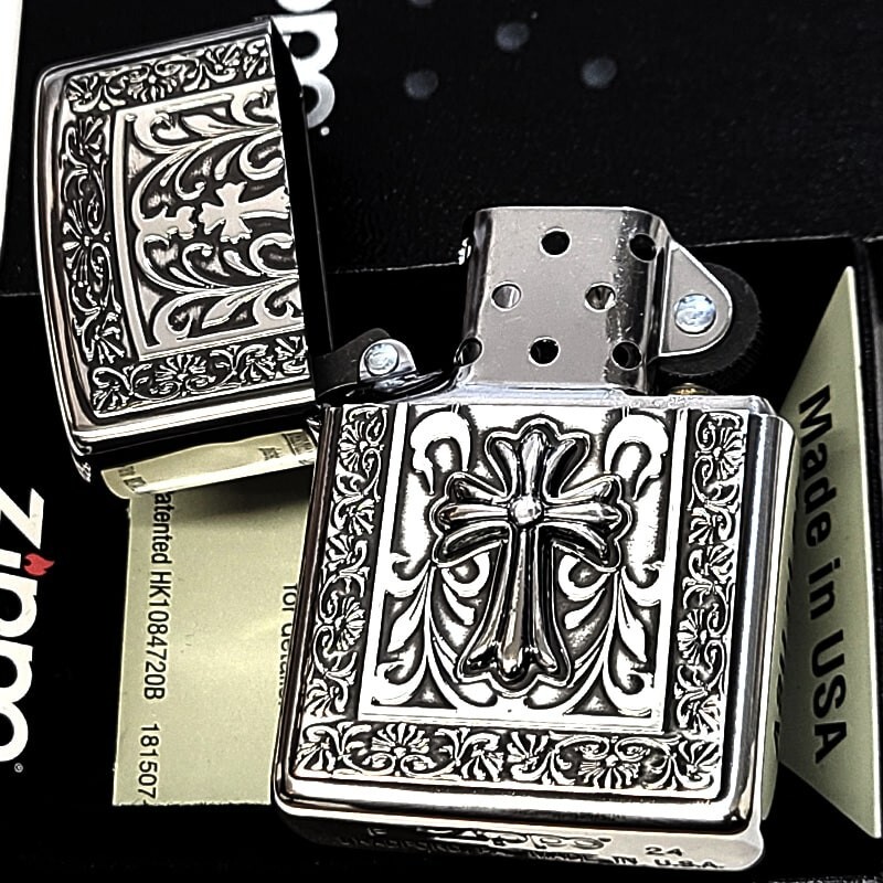 Zippo Solid Frame Metal Cross Arabesque Silver One Sided Processing Lighter