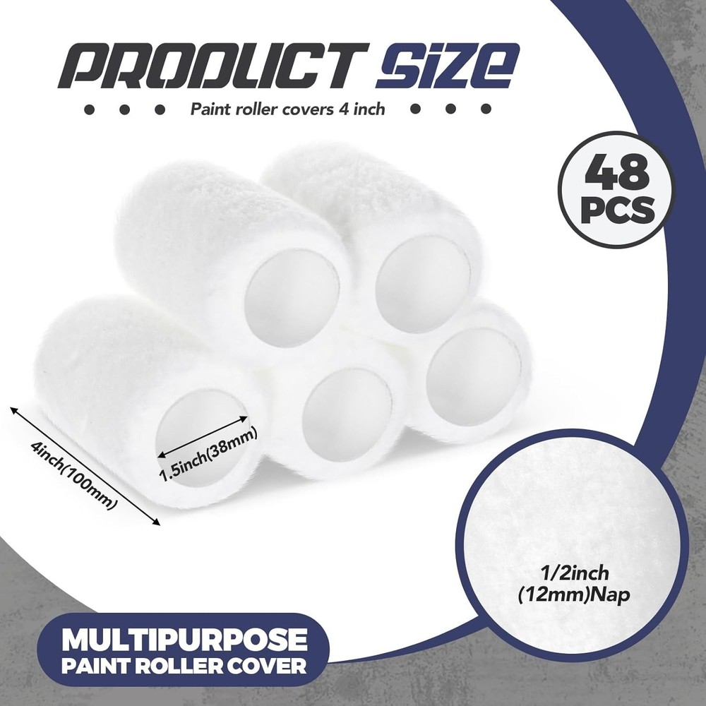 48 Pcs 4" x 1/2" Paint Roller Covers Refill Microfiber Mini Roller Covers for...