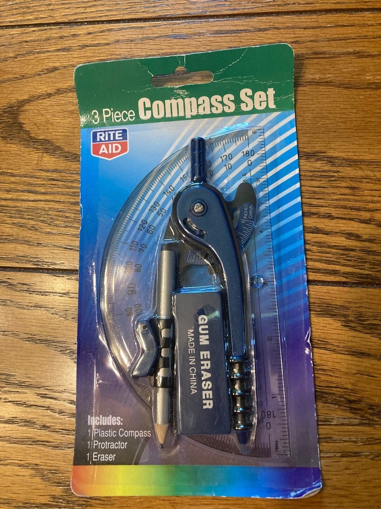 3 Piece Compass Set - Plastic Compass, Protractor, Eraser - New