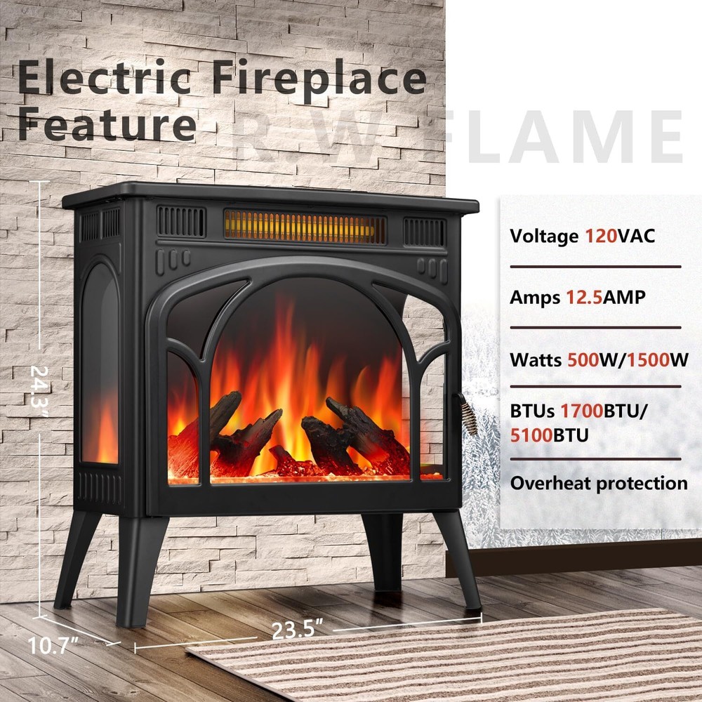 24" Electric Fireplace Heater Remote, Cathedral Stylish, Different Flame,Black
