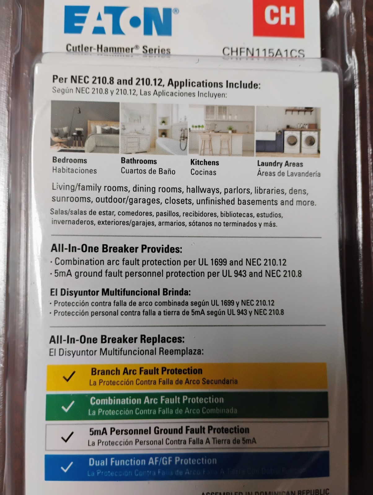 EATON CHFN115A1CS CIRCUIT BREAKER GFCI AFCI 15 AMP 1-POLE NEW IN PACKAGING