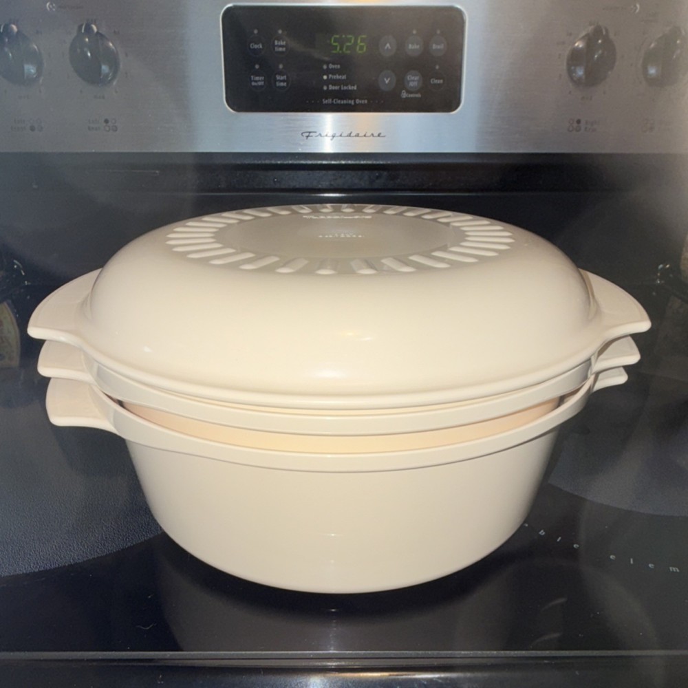 Vintage Tupperware Microwave Stack Cooker Almond Beige 3-Piece Set Casserole