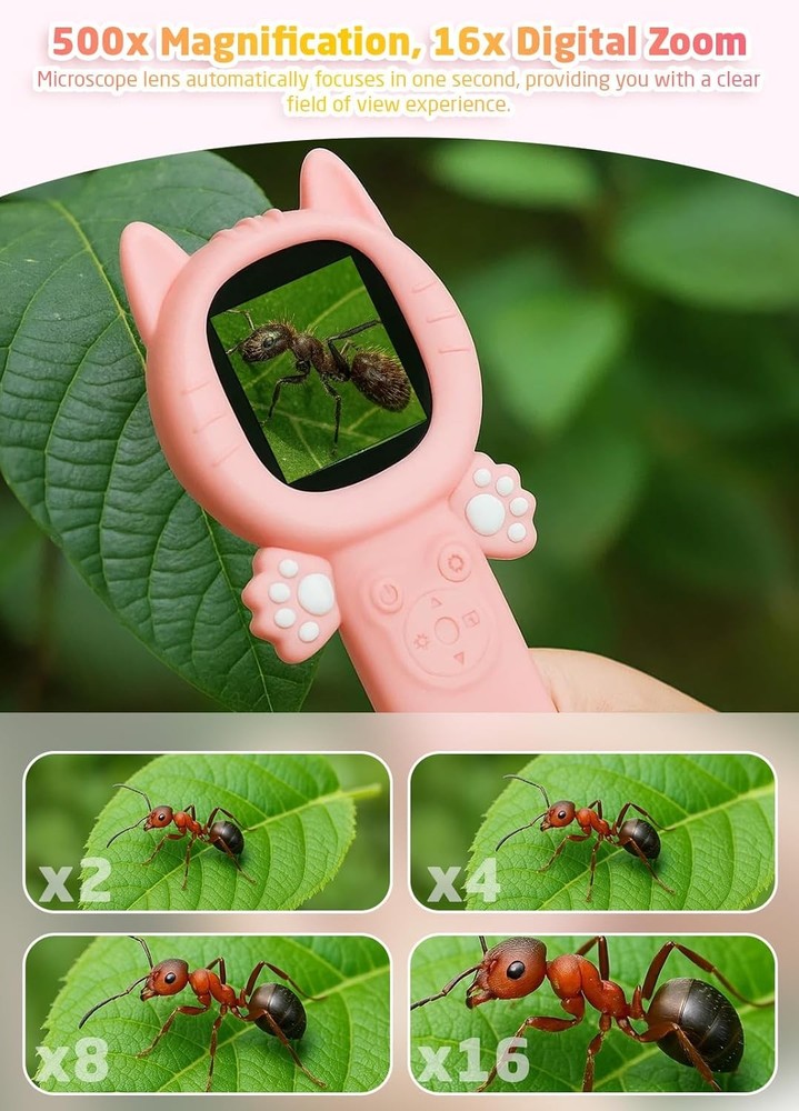 2-in-1 Microscope Camera for Kids, Mini Handheld Microscope Supporting (Pink)