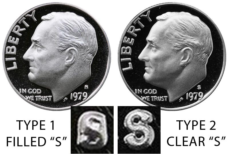 1979 S ROOSEVELT DIME  TYPE 1 & TYPE 2 PROOF from PROOF Set