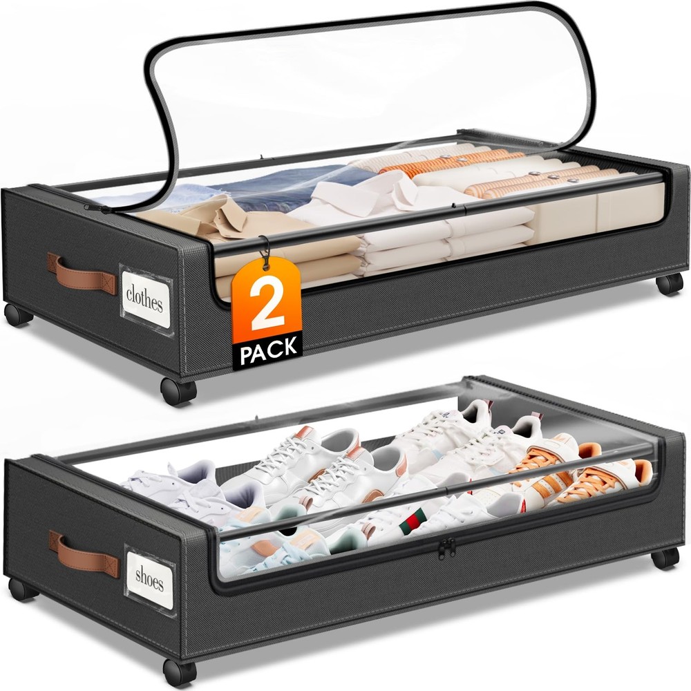 Under Bed Storage with Wheels 2Pack Storage Containers with Clear Window&Labe...