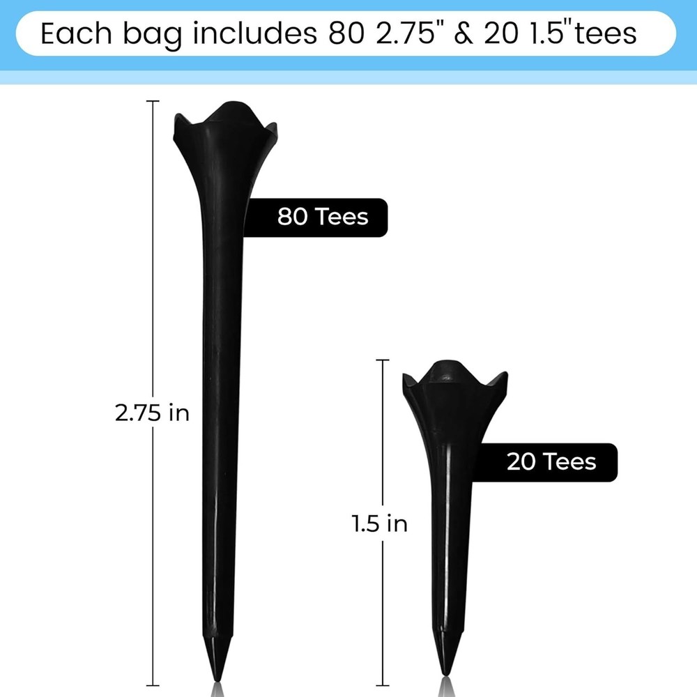Plastic Golf Tees - Black- 2.75 & 1.5 Inch Plastic Combo Pack