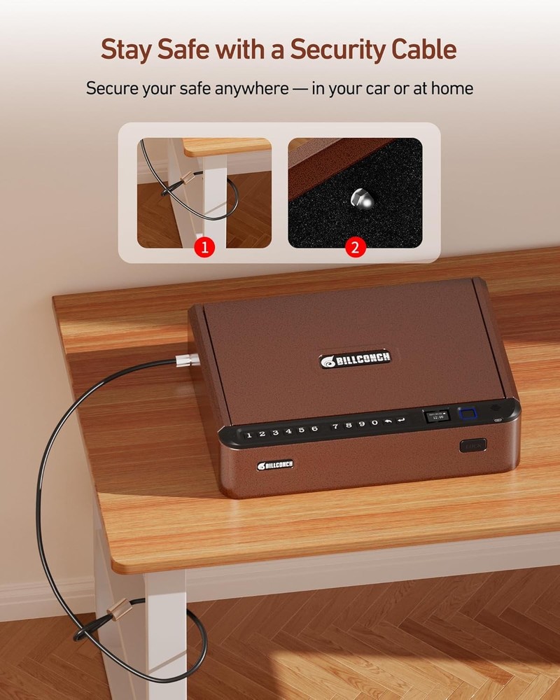 Smart Gun Safe W/ Security Cable Biometric Gun Safe Handgun 4 Ways Quick Access