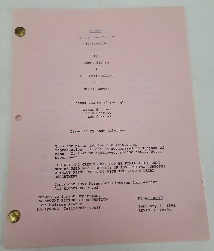 CHEERS / Cheri Eichen 1991 TV Script, Robert Machray "Cheers Has Chili"