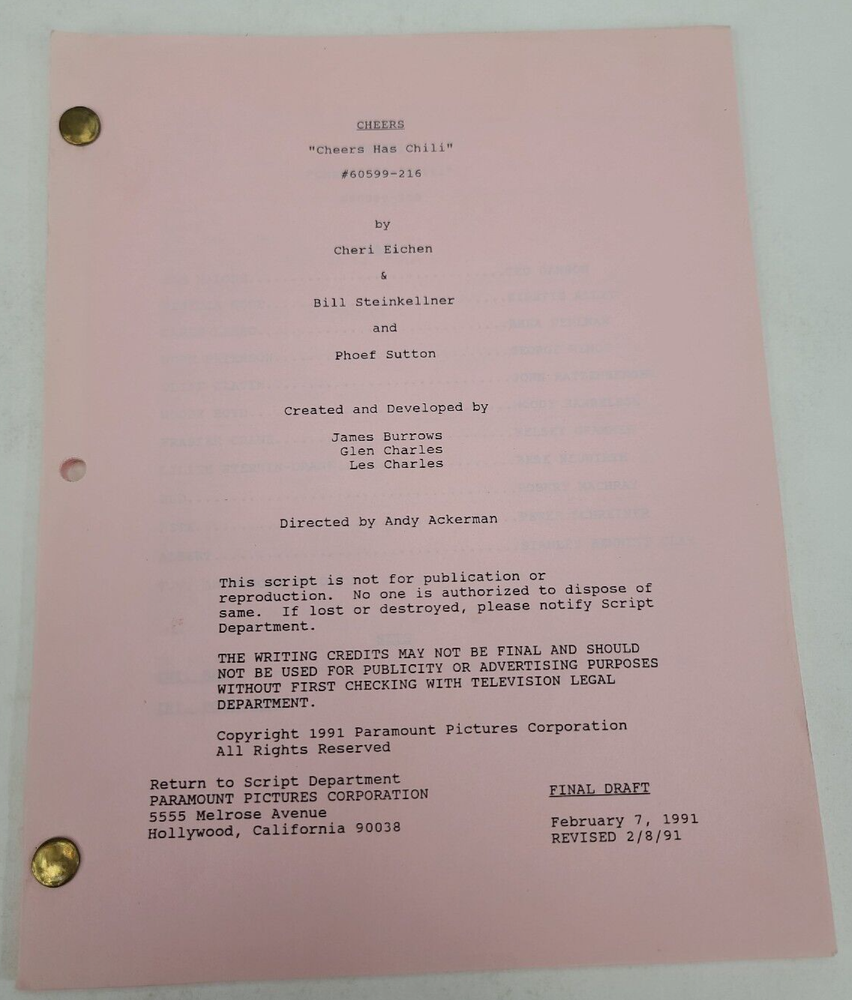 CHEERS / Cheri Eichen 1991 TV Script, Robert Machray "Cheers Has Chili"