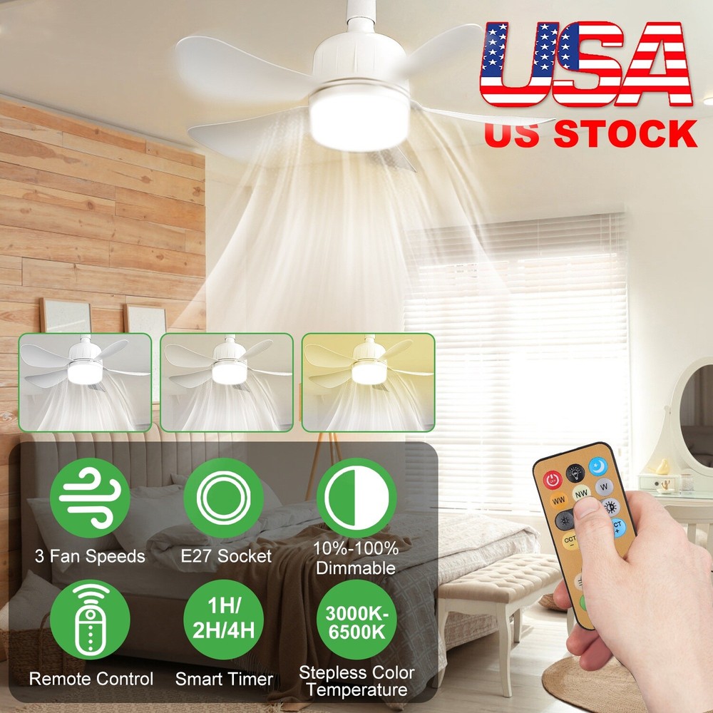 3-Speed Socket Fan Light with Remote & Socket 6 Blades Light Socket
