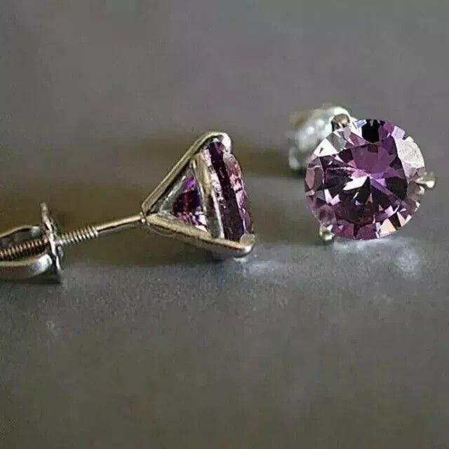 2Ct Round Cut Amethyst Solitaire Screw Back Stud Earrings 14K White Gold Plated