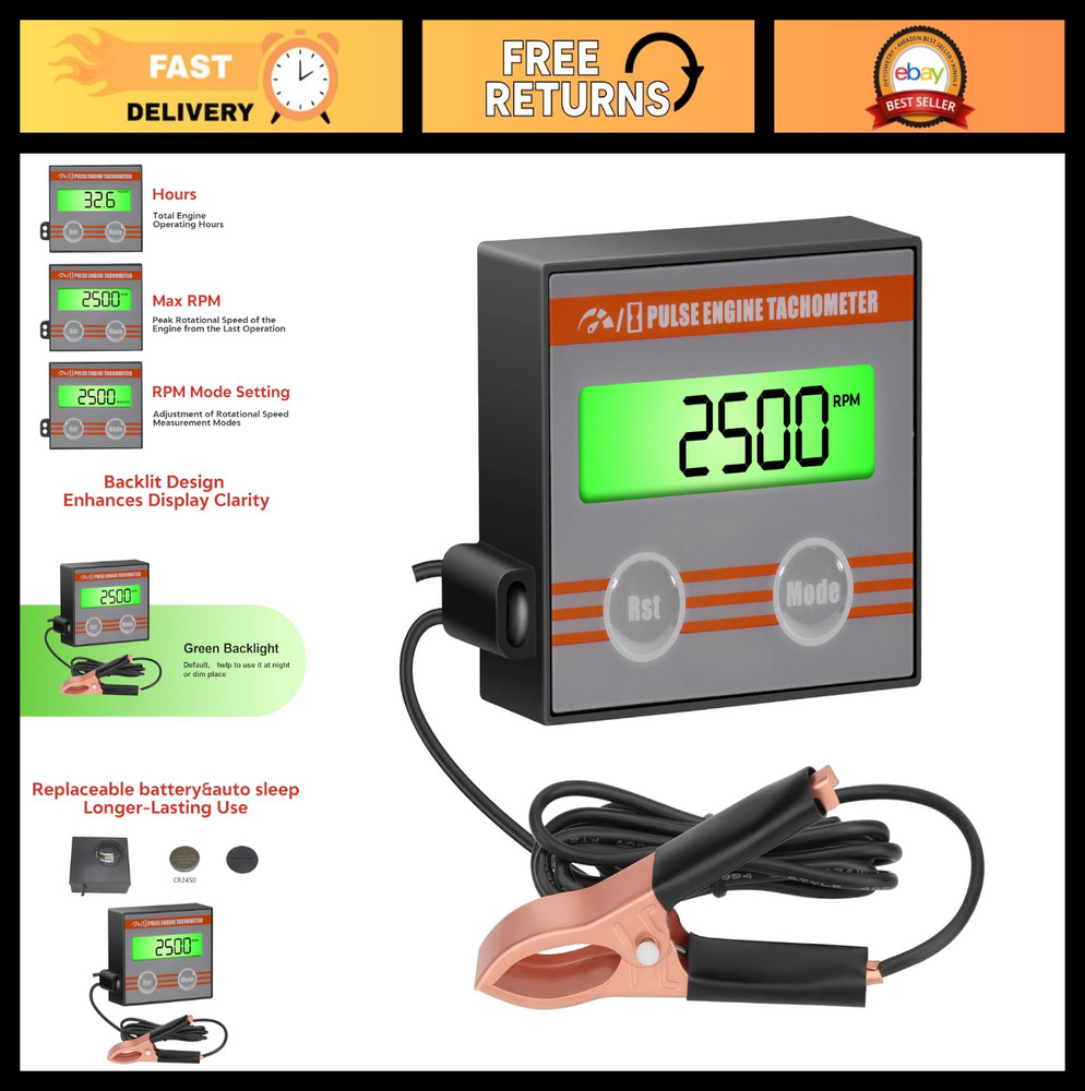 Inductive Digital Engine Tachometer with Clip - Mini Gauge, Hour Meter & Backlig