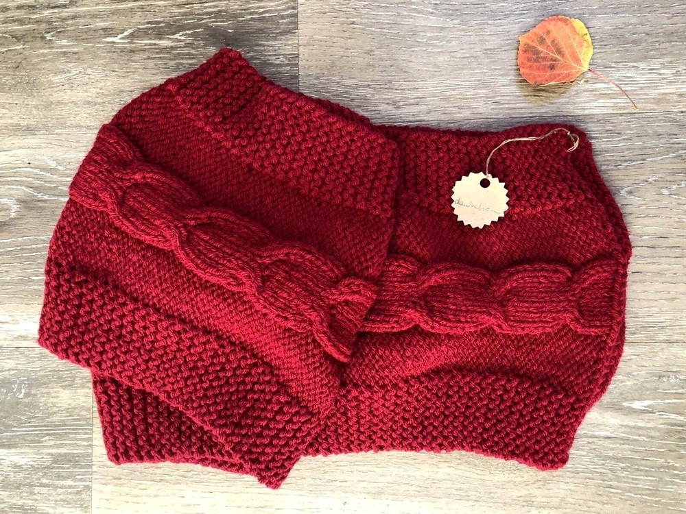 Hand Knitted Red Scarf Shawl Cable Pattern Wool Blend