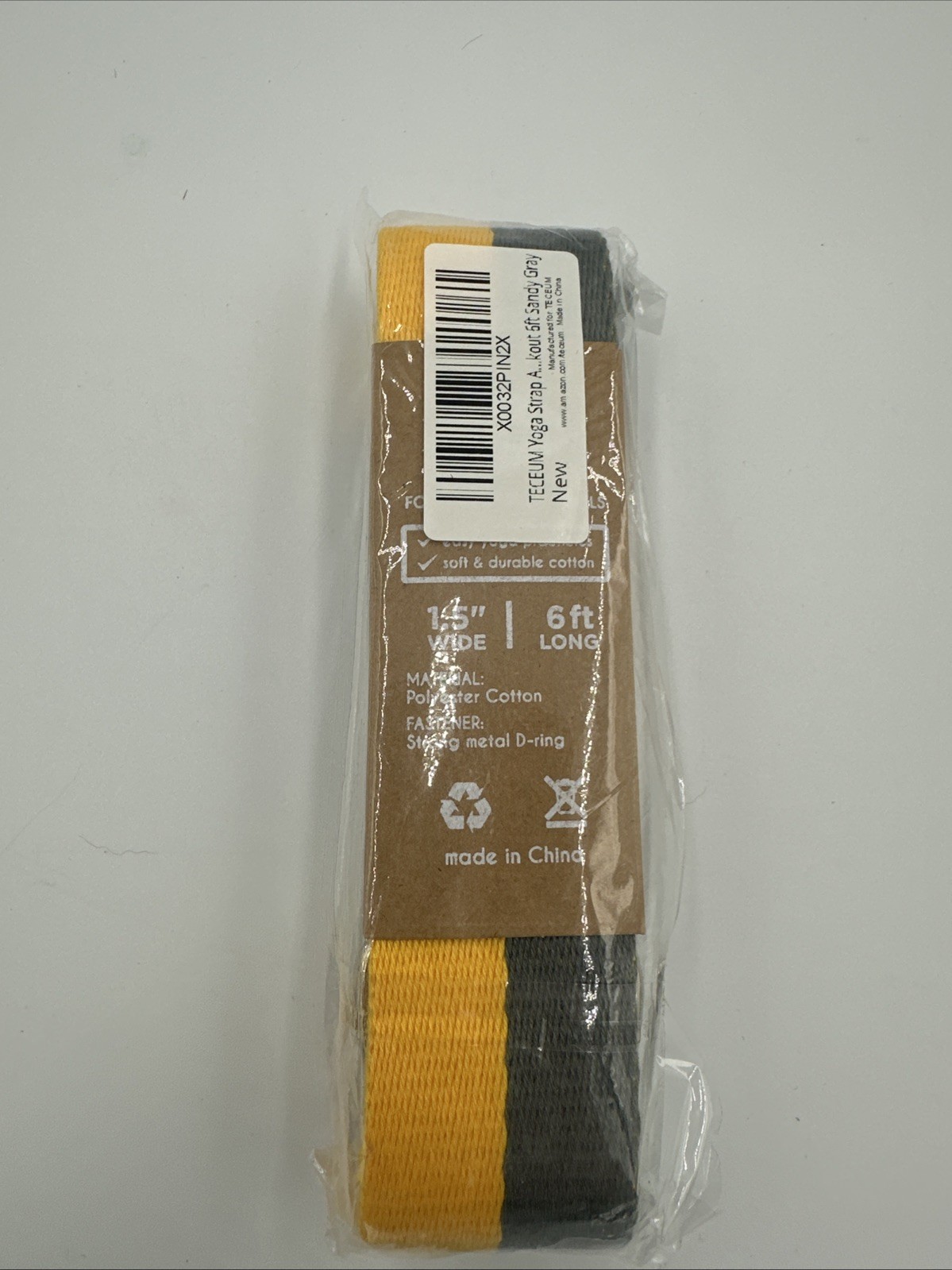 TECEUM Yoga Mat Strap Non Slip Pilates Stretch 1.5” wide 6 Ft Long Yellow Gray
