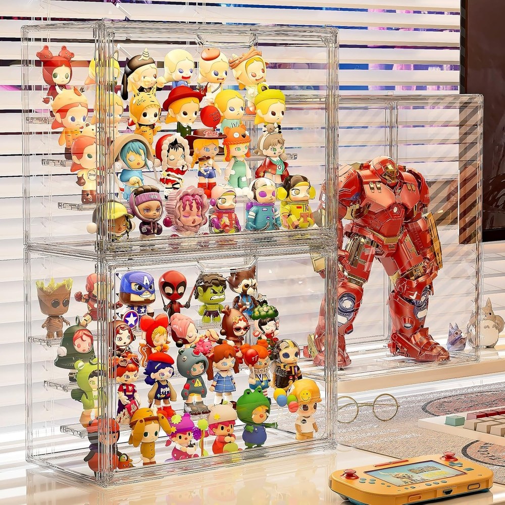 2 Pcs Stackable Clear Acrylic 4 Tier Figure Display Case with 3 Movable Plates