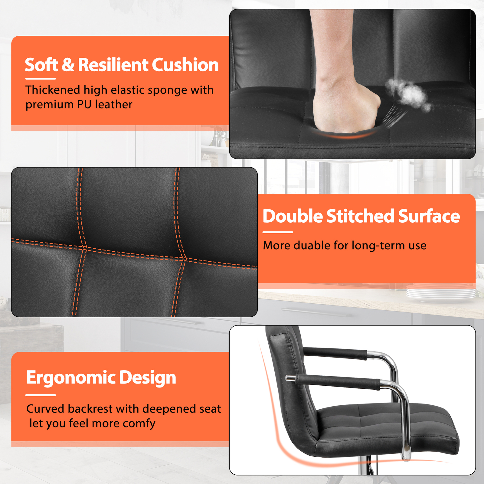 4PCS Adjustable Bar Stools PU Leather Modern Dinning Chair w/ Armrest & Backrest