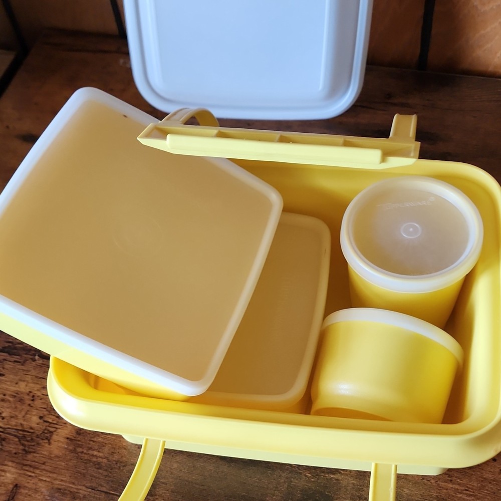 Tupperware Yellow Plastic Lunch Container Set with Cups and Lids 10 piece