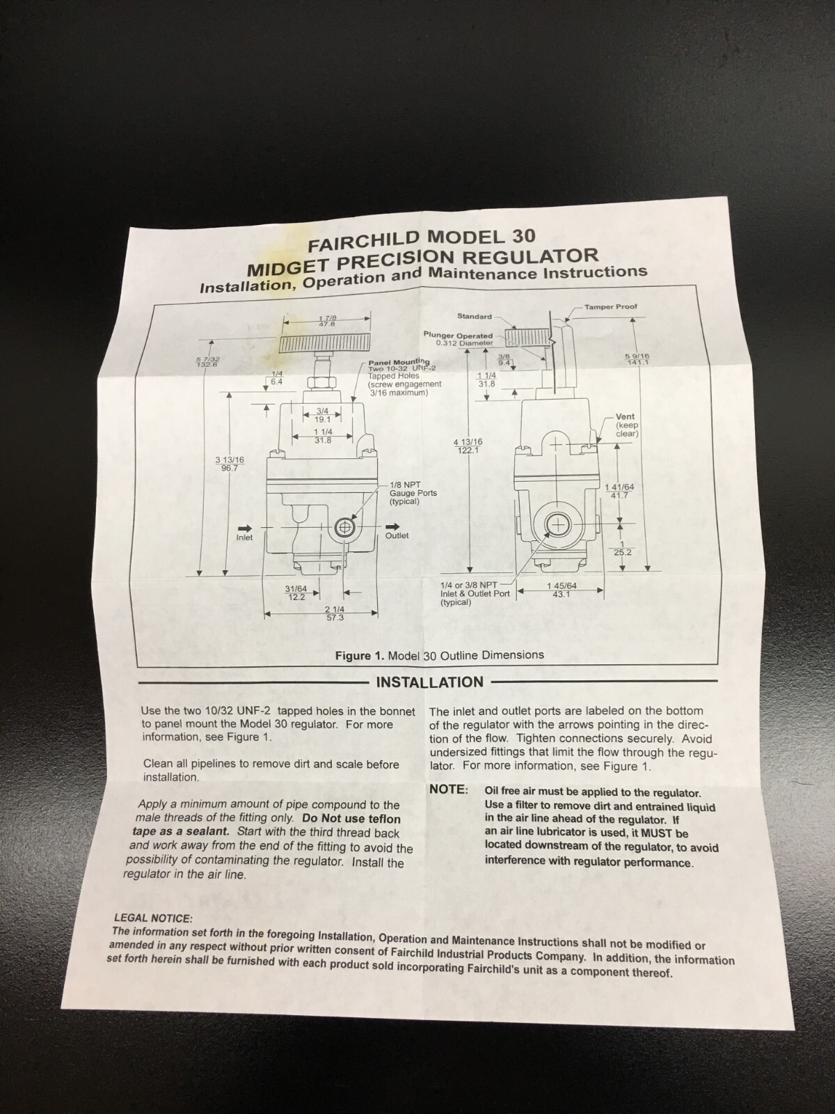Fairchild Cat No 30232-Z19947 Pressure Regulator 0.5-30 PSI 250 Max w WARRANTY
