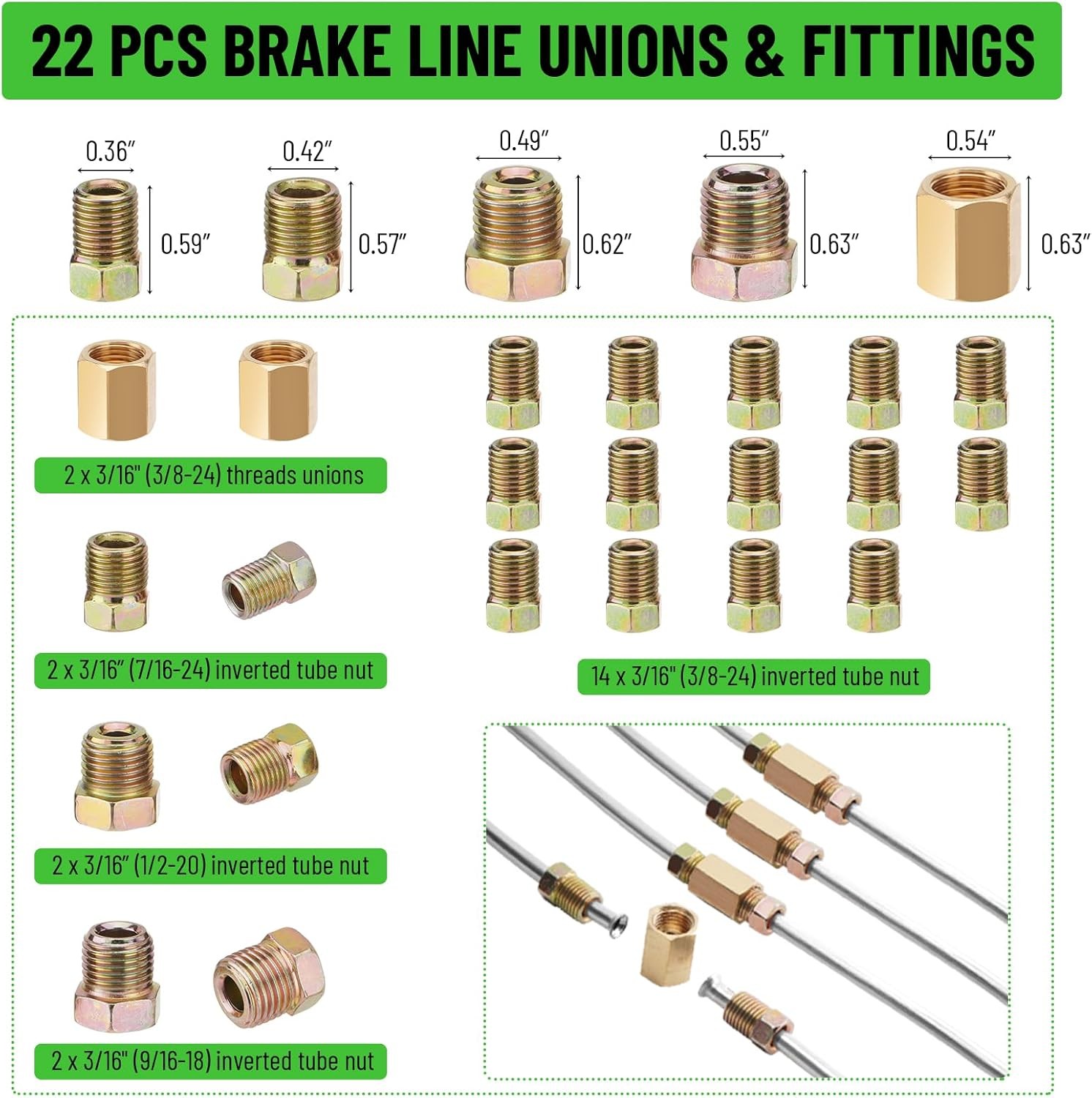 25Ft 3/16" Zinc-Coated Brake Line Kit (Include 16 Fittings, 2 Unions and 4 Nuts)