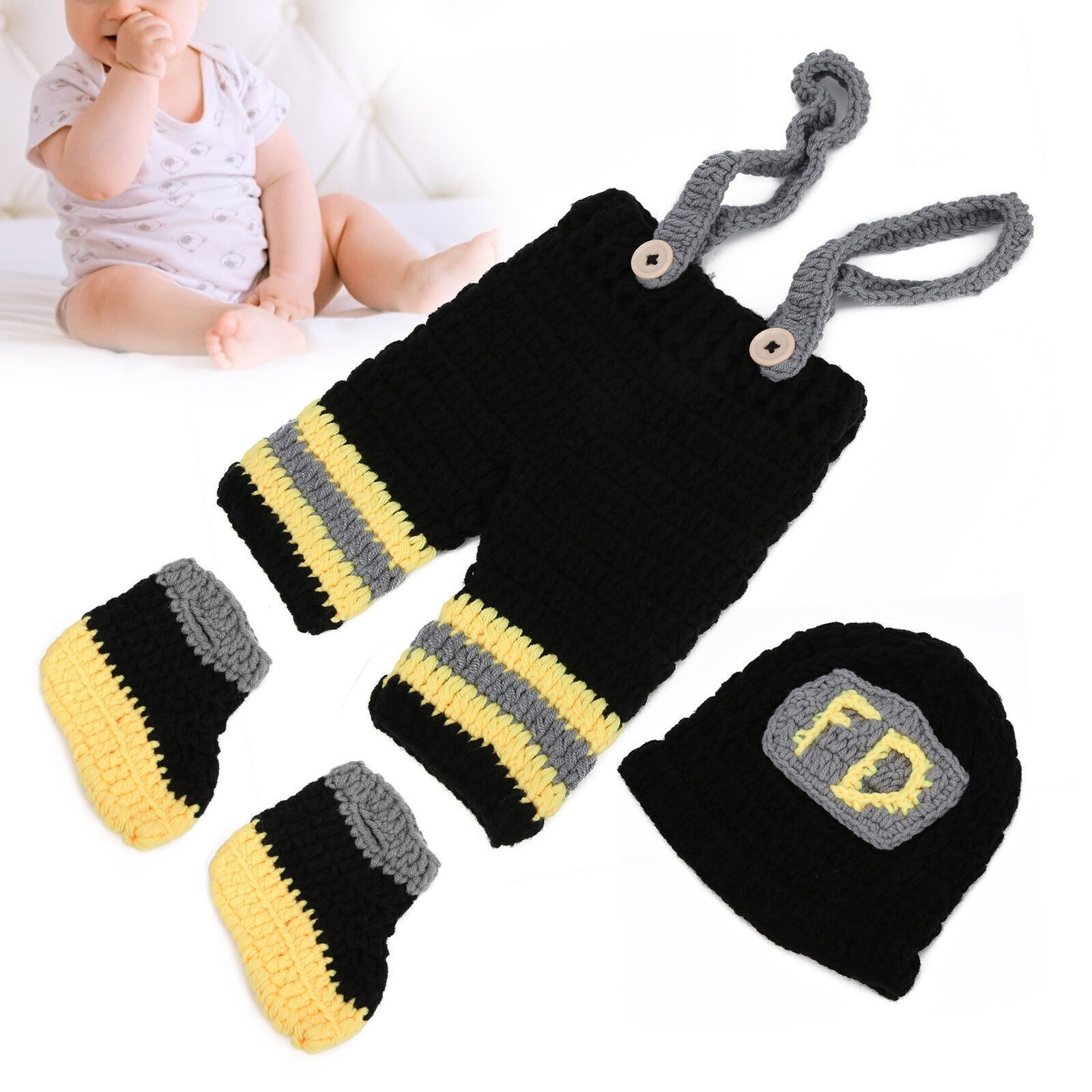 Baby Photography Props Fireman Hats Pants Outfit Crochet Hook Knitted Newborn