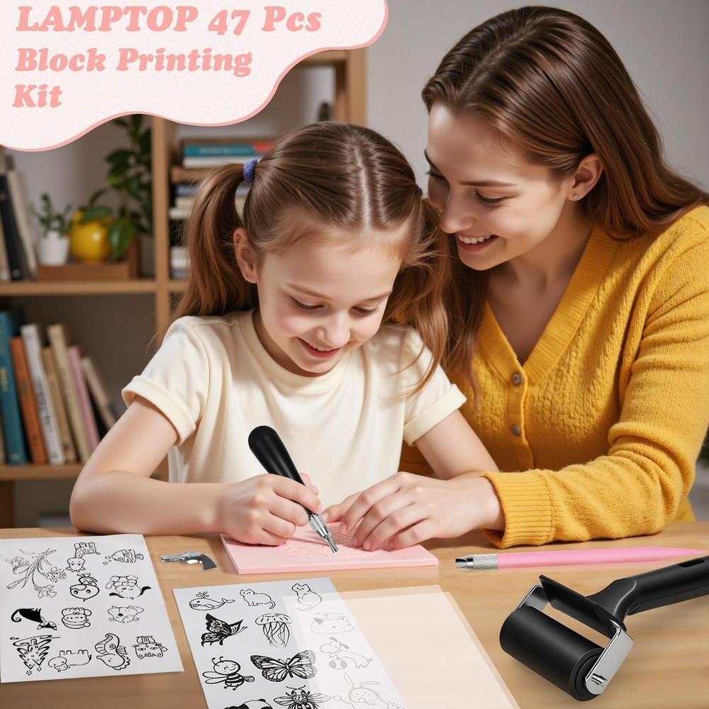 47 Pcs Block Printing Starter Tool Kit Includes Rubber Blocks,Carving Tools, ...
