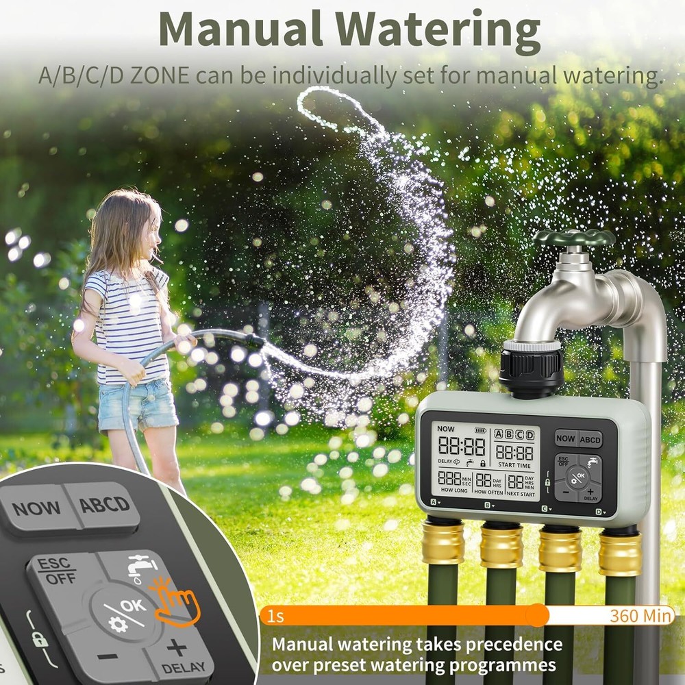 4Zone Water Timer Four Outlet for Garden Programmable Irrigation with Rain Delay
