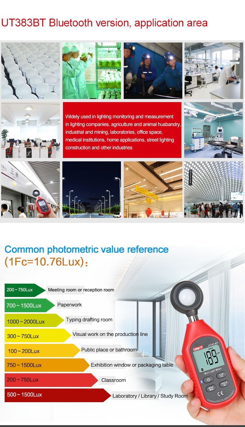 UNI-T Digital Bluetooth Illuminometer Light Meter Luxmeter 199900Lux UT383BT